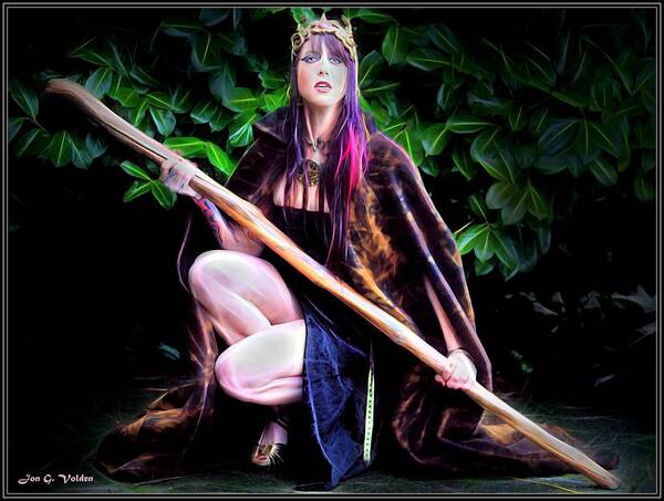 Sorceress Poster featuring the painting Sorceress With A Staff by Jon Volden