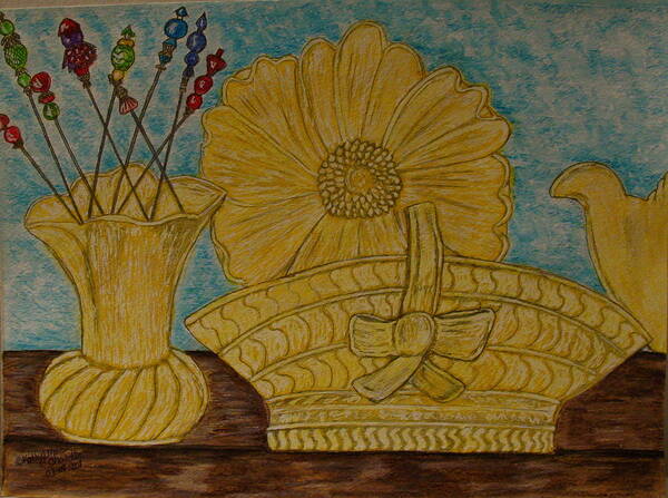 Stangl Pottery Poster featuring the painting Stangl Pottery Satin Yellow Pattern and Vintage Hat Pins by Kathy Marrs Chandler