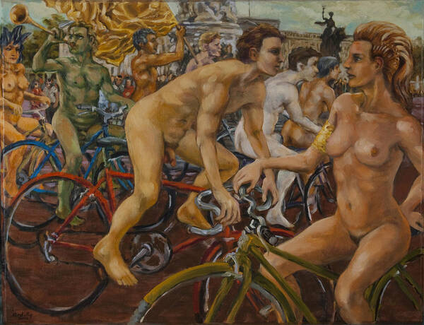 Buckingham Palace Poster featuring the painting Steward guiding naked bike ride outside Buckingham Palace by Peregrine Roskilly