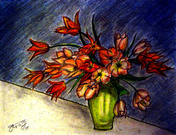 Still Life Poster featuring the drawing Still Life Vase with 21 Orange Tulips by Jose A Gonzalez Jr