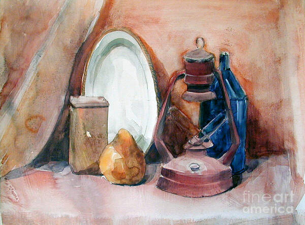 Greta Corens Poster featuring the painting Watercolor Still Life with rustic, old Miners Lamp by Greta Corens