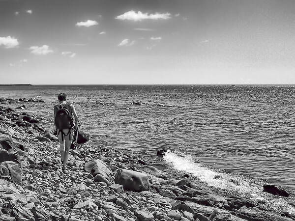 Minnesota Duluth Superior Two Harbors Lake Superior Walk Backpack Hike Hiking Water Ocean Waves Rocks Black White Grey Gray Poster featuring the photograph Strolling Along the North Shore by Tom Gort