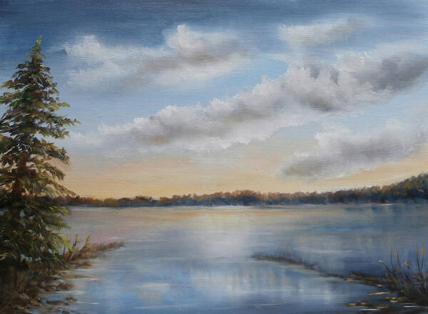 Seascape Poster featuring the painting Sunset at Sparta Lake New Jersey by Katalin Luczay