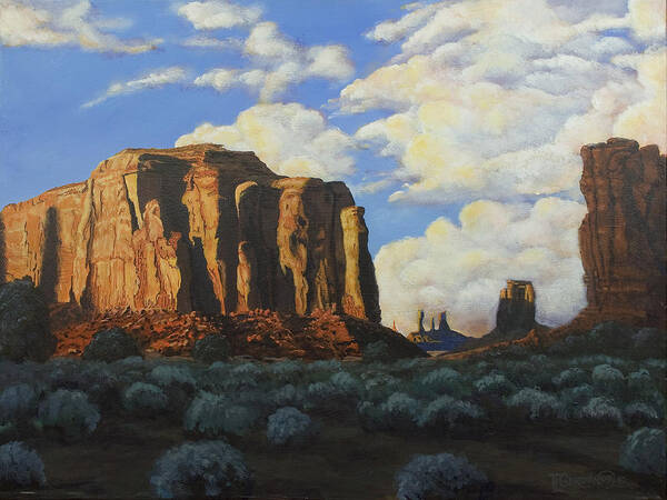 Landscape Poster featuring the painting Sunset at the Window Monument Valley by Timithy L Gordon