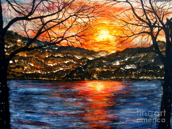 Vibrant Sunset On Greers Ferry Lake In Arkansas Poster featuring the painting Sunset on Greers Ferry Lake Arkansas by Vivian Cook