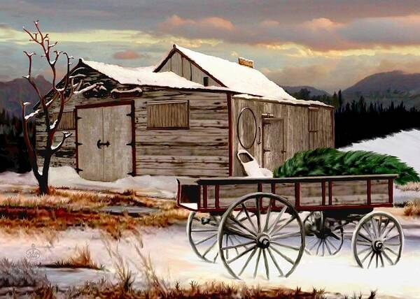 Love Montana Shed Barn Stable Wagon Landscape Spring Time Wagon Horse Barn Stable Mountain Range Winter Snow Barn Horse Rockies Rocky High Sunset Ron Chambers Ronnie Ronald K Lonesome Pine Lone An Am As At If In Is It Of On Or Us A Be He Me We Do No So To By Than From And The This But For With Western Scape Landscape Sunrise Sunset Dawn Twilingt Evening Daybreak Day Break Dawns Early Light Forrest Pines Drifts Christmas Tree Cards Greetings Greeting Holiday Seasons Country Western Wheel Poster featuring the painting The Christmas Tree #1 by Ron Chambers