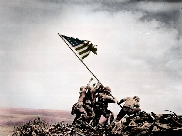 The Flag Raising Poster featuring the photograph The flag raising at Iwo Jima World War II by Celestial Images