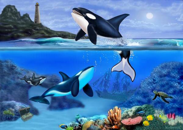 Orca Poster featuring the digital art The Orca Family by Glenn Holbrook