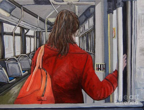 Bus Scenes Poster featuring the painting The Red Coat by Reb Frost