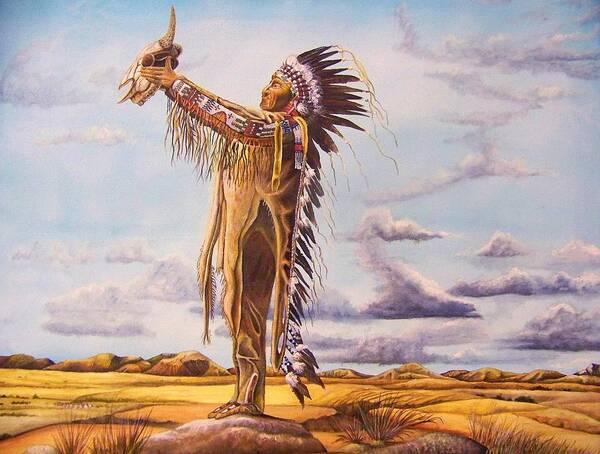 A Plains Indian Showing Respect To Mother Nature. He Is Holding A Buffalo Skull While Wearing War Bonnet And His Beaded Deer Skin Clothing. The Painting Comes With The Frame. Poster featuring the painting The Wise One by Martin Schmidt
