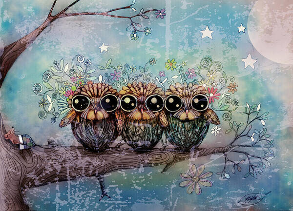 Three Little Night Owls Poster featuring the painting Three Little Night Owls by Karin Taylor