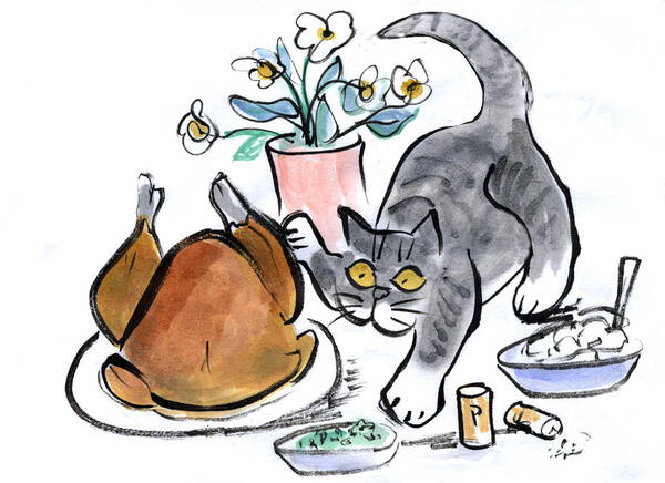 Sumi-e Poster featuring the painting Touching the Turkey - Bad Kitty by Ellen Miffitt