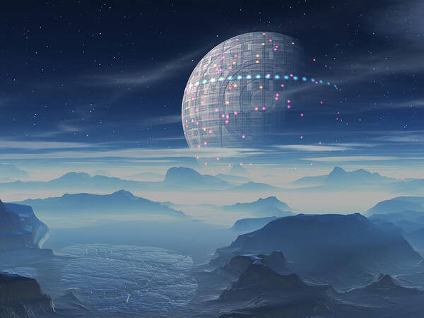 Alien Landscape Poster featuring the digital art Tranus Alien Planet with Satellite by Judi Suni Hall