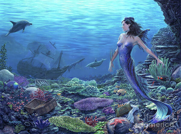 Mermaid Poster featuring the painting Treasure of the Sea by Stu Shepherd