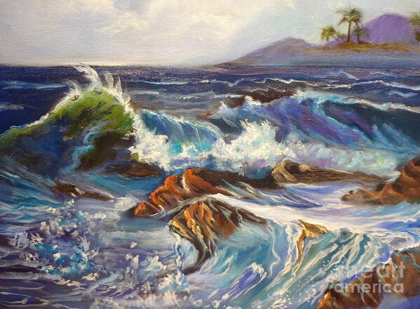Blue Green Waves Poster featuring the painting Turbulent Waters Hawaii by Jenny Lee