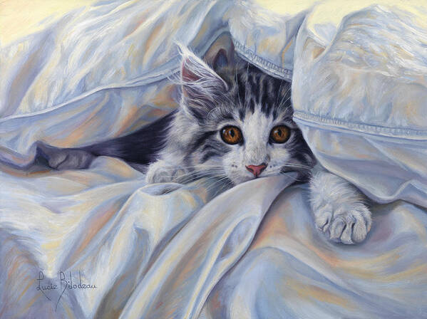 Cat Poster featuring the painting Under The Comforter by Lucie Bilodeau