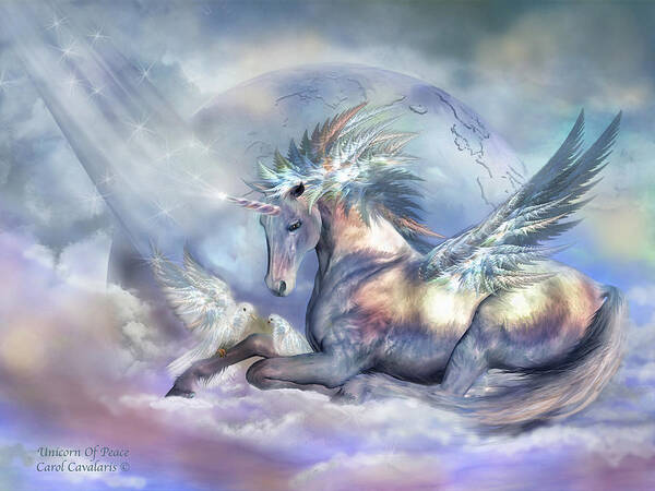 Unicorn Poster featuring the mixed media Unicorn Of Peace by Carol Cavalaris