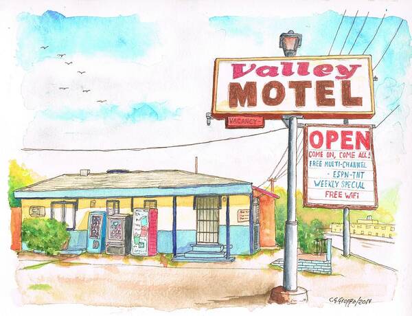 Valley Motel Poster featuring the painting Valley Motel in San Bernardino Route 66 - California by Carlos G Groppa