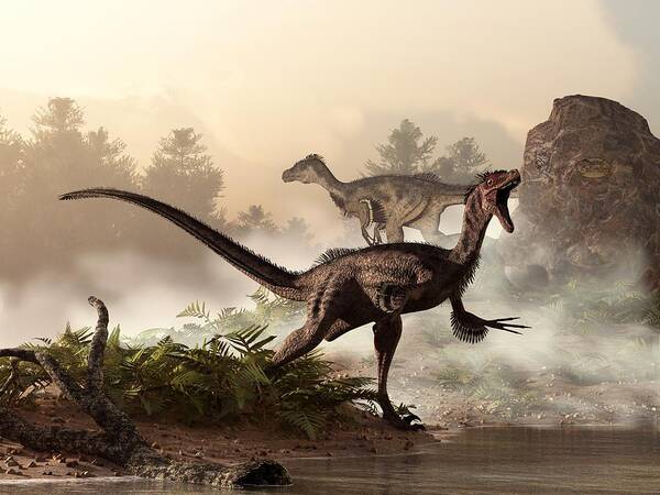 Velociraptors Poster featuring the digital art Velociraptors Prowling the Shoreline by Daniel Eskridge