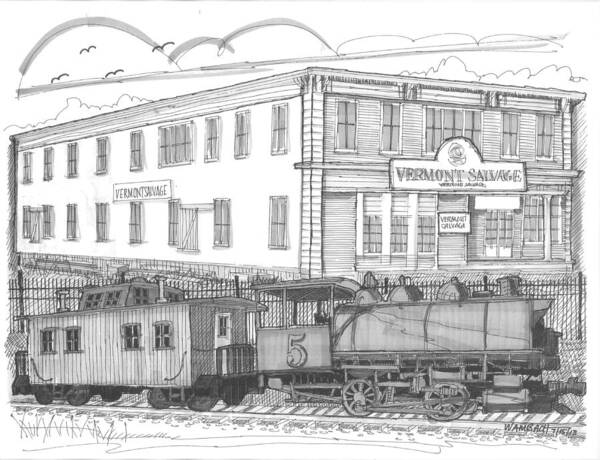 Vermont Salvage Company Poster featuring the drawing Vermont Salvage and Train by Richard Wambach