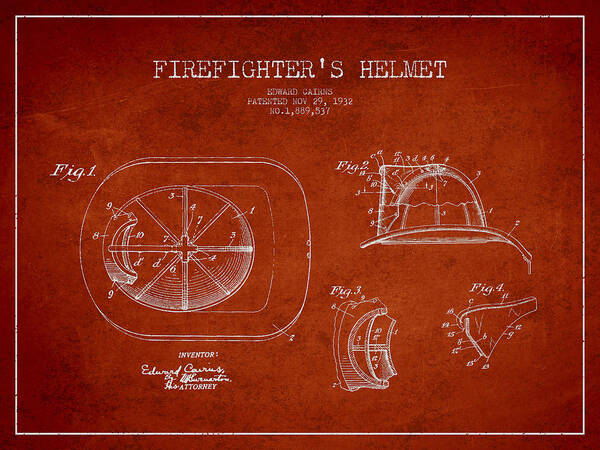 Firefighter Poster featuring the digital art Vintage Firefighter Helmet Patent drawing from 1932-Red by Aged Pixel