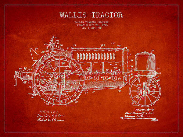 Tractor Poster featuring the digital art Wallis Tractor Patent drawing from 1916 - Red by Aged Pixel