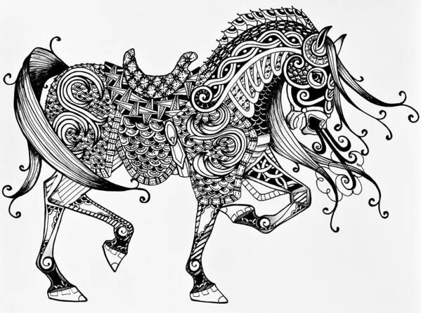 Horse Poster featuring the drawing War Horse - Zentangle by Jani Freimann