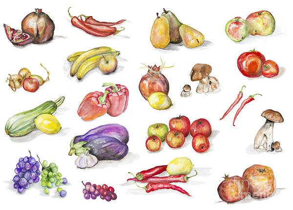 Paprika Poster featuring the painting Watercolor fruits and vegetables set by Irina Gromovaja