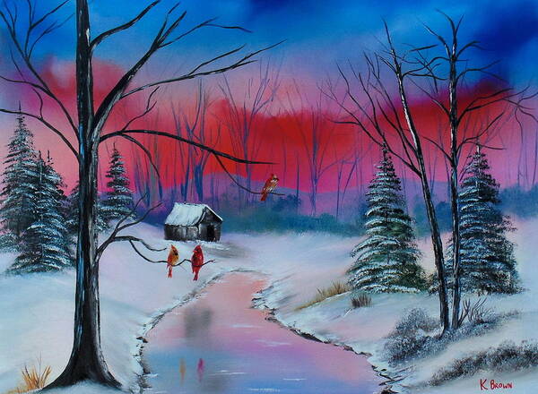 Landscape Paintings Poster featuring the painting Winter Cardinals by Kevin Brown