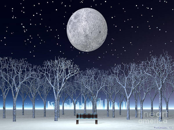 Bench Poster featuring the digital art Winter Moon In City Park by Walter Neal