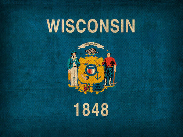 Wisconsin Poster featuring the mixed media Wisconsin State Flag Art on Worn Canvas by Design Turnpike