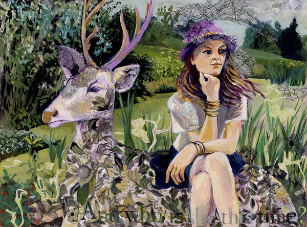 Figure Poster featuring the painting Woman in hat dreams with stag by Tilly Strauss
