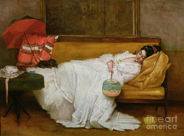 Girl Poster featuring the painting Girl in a white dress resting on a sofa by Alfred Emile Stevens