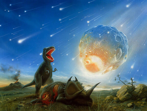 Tyrannosaurus Rex Fleeing From An Asteroid Strike #1 Poster by D