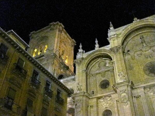 Cathedral Poster featuring the photograph Amazing Exterior Architecture of Cathedral At Night Granada Spain by John Shiron