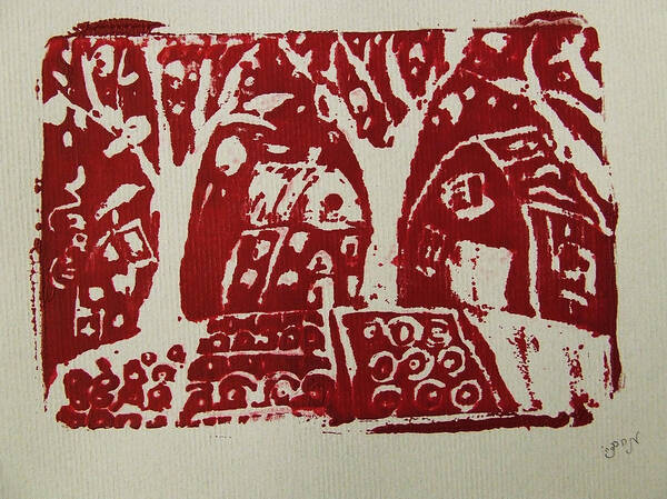 Houses Poster featuring the painting Blood Rituals in Red for the Mayan Forest Agriculture with trees houses and land plots by M Zimmerman
