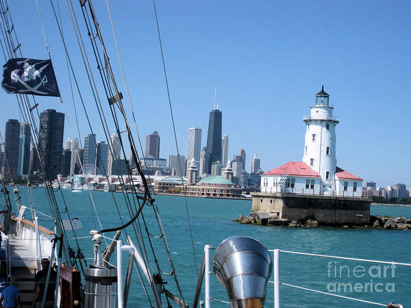 Chicago Poster featuring the pyrography Chicago Harbor Lighthouse by Sonia Flores Ruiz