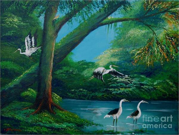 Wild Birds Poster featuring the painting Cranes on the swamp by Jean Pierre Bergoeing
