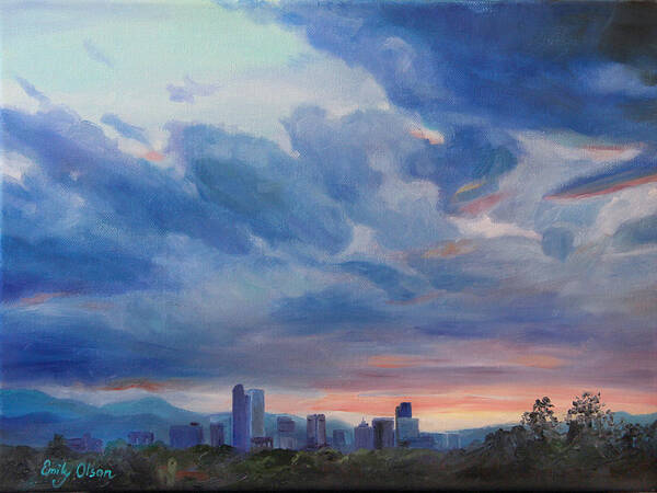 Denver Poster featuring the painting Denver Skyline at Sunset by Emily Olson