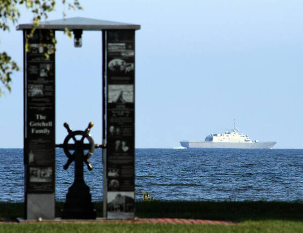 Marinette Marine Poster featuring the photograph Fishermens Memorial and USS Fort Worth by Mark J Seefeldt