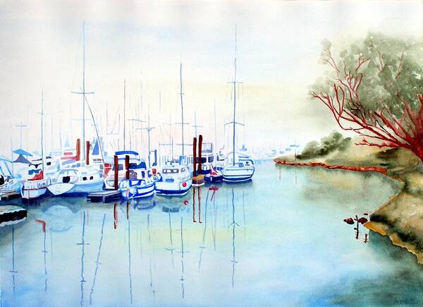 Watercolor Poster featuring the painting Foggy Day at Moss Landing by Gerald Carpenter