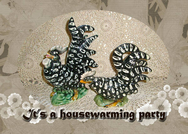 Housewarming Poster featuring the photograph Housewarming Invitation - Black and White Chickens Figurines by Carol Senske