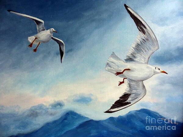 Seagulls Poster featuring the painting In Flight by Julie Brugh Riffey