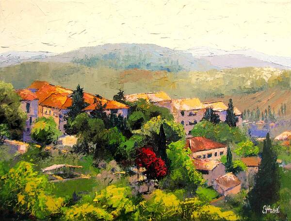 Landscape Poster featuring the painting Italian Hillside Village Oil Painting by Chris Hobel