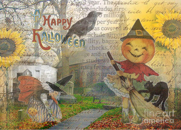 Halloween;black Cat; Crow;cemetery;witch;pumpkin;art; Sunflower;trees Poster featuring the digital art Little Pumpkin Girl by Ruby Cross