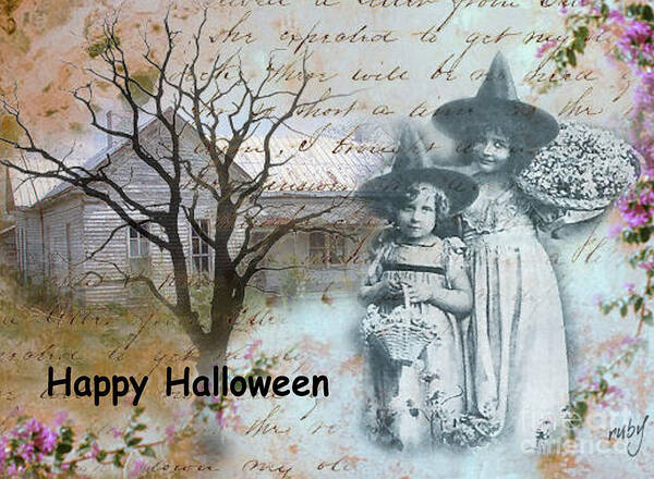Halloween;art;witch;witches;girls;kids;children;house;tree;blue Poster featuring the digital art Little Witches Blue by Ruby Cross