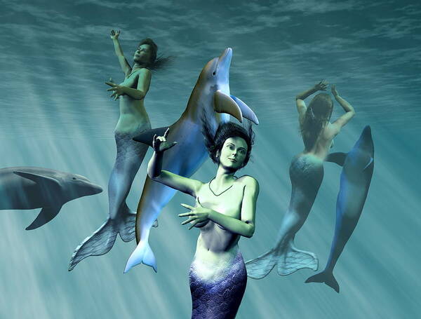 Delphinidae Poster featuring the photograph Mermaids With Dolphins by Christian Darkin