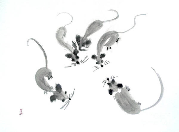 Mice Poster featuring the painting Mice - Sumie Style by Yoshiko Mishina