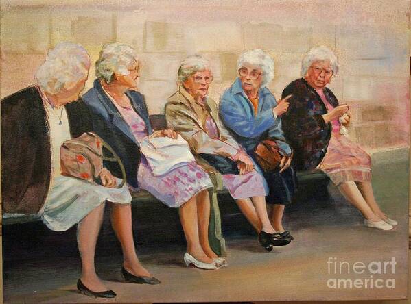 Ladies On A Bench Poster featuring the painting Monday at the Social Security Office by Susan Bradbury
