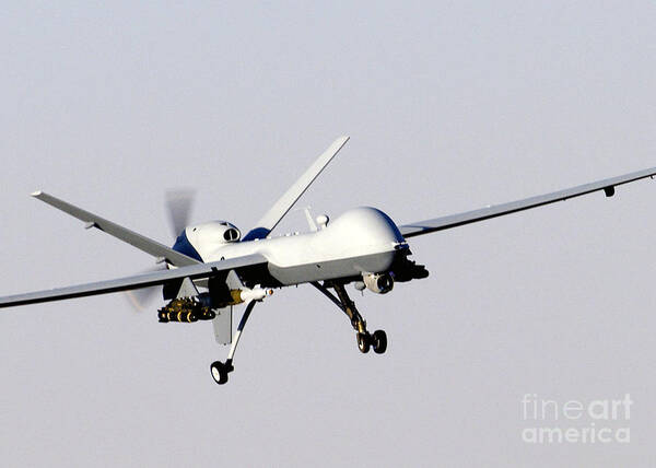 Mq-9 Reaper Poster featuring the photograph Mq-9 Reaper Prepares To Land by Photo Researchers